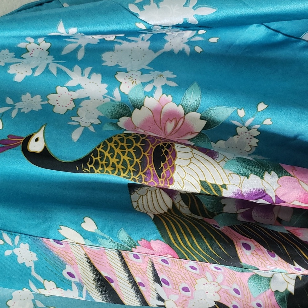 Turquoise Peacock Print Kimono Robe M